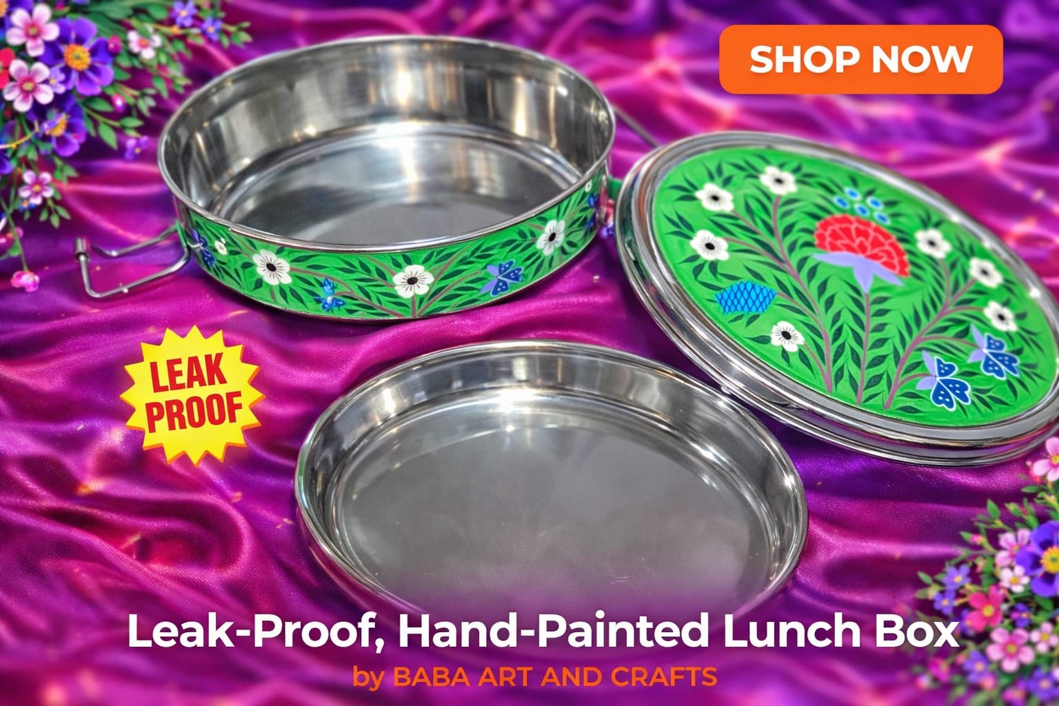 Single tier oval hand-painted stainless steel lunch box from Kashmir, leak-proof and lead-free enamelware handicraftLeak-Proof Kashmiri Enamelware